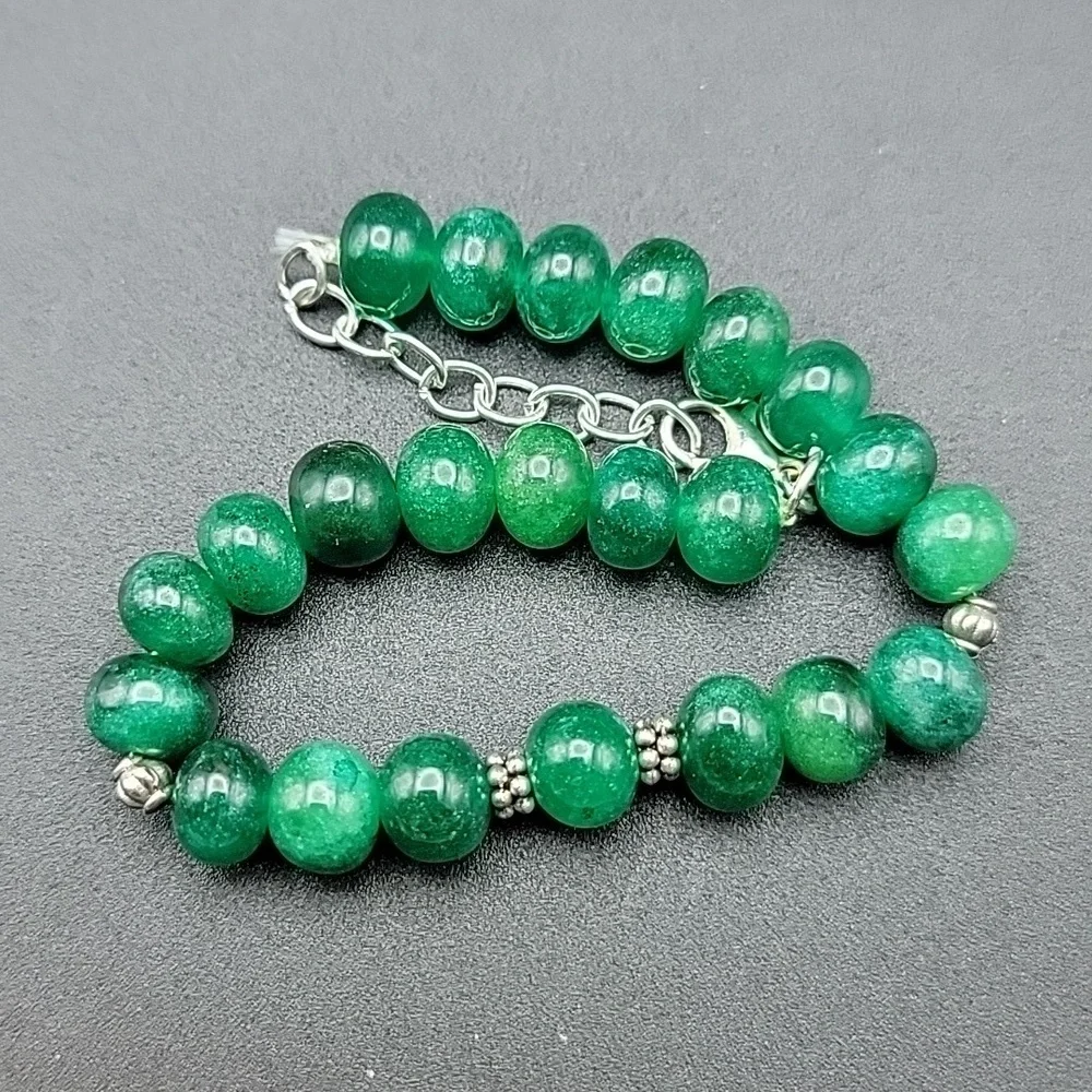 195 Cts  Authentic Natural Gemstone Green Onyx Bracelet Round Beaded Silver Tone